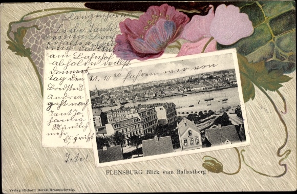 Embossed passepartout PC Flensburg in Schleswig Holstein, view from the ballast mountain on the place, poppies