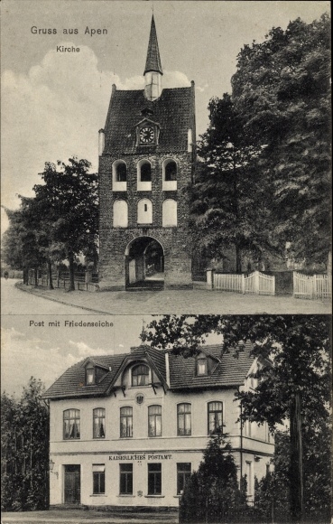 Postcard Apen in Oldenburg Ammerland, church, post office, oak of peace