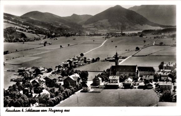Postcard Hausham near Schliersee in Upper Bavaria, aerial photograph