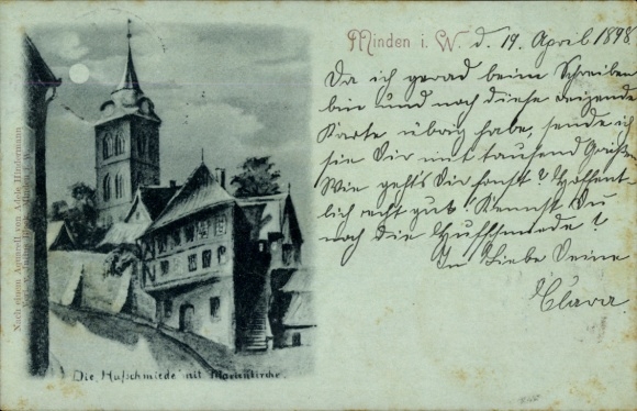 Mondschein Künstler Ak Minden in Westfalen, Hufschmiede, Marktkirche