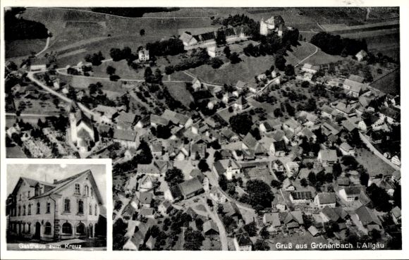 Postcard Bad Grönenbach in Allgäu, aerial view of Gasthaus zum Kreuz, from Allgäu