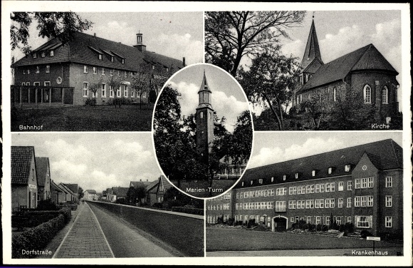Postcard Sande in Friesland, train station, church, Marienturm, village street, hospital
