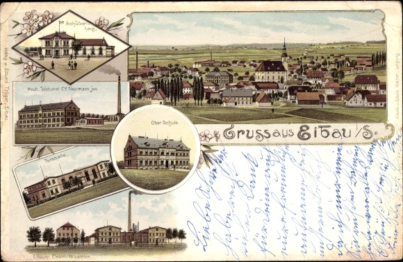Litho Eibau Kottmar in der Oberlausitz, Schützenhaus, Weberei C.F. Neumann jun., Turnhalle