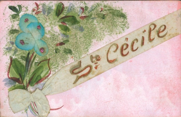Fabric Postcard Sankt Cecilie, fabric bow, flowers, kitsch