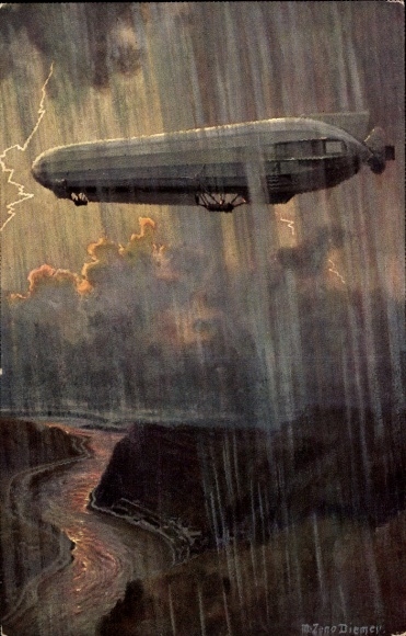 Künstler Ak Diemer, Zeno, Im Gewittersturm, Zeppelin im Regen, Luftschiff