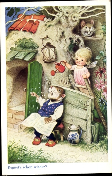 Künstler Ak Baumgarten, Fritz, Regnet's schon wieder, Elfe, Gießkanne, Maus