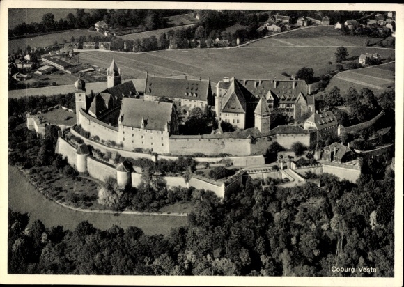 Postcard Coburg in Upper Franconia, aerial view of the Veste impressive castle grounds, architecture