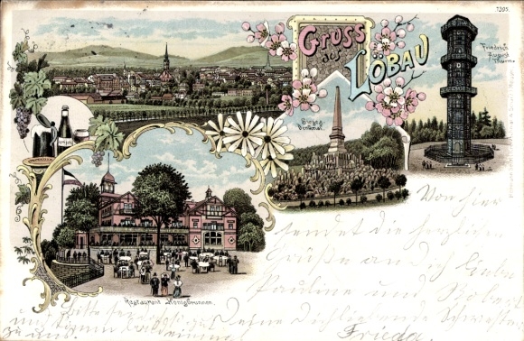 Ak Löbau in Sachsen, Historische Ansicht von  Monumente, Blumen, dekorative Elemente