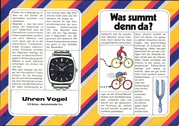 Timetable ETERNA Sonic clock, Vogel clocks, Brilon around 1970