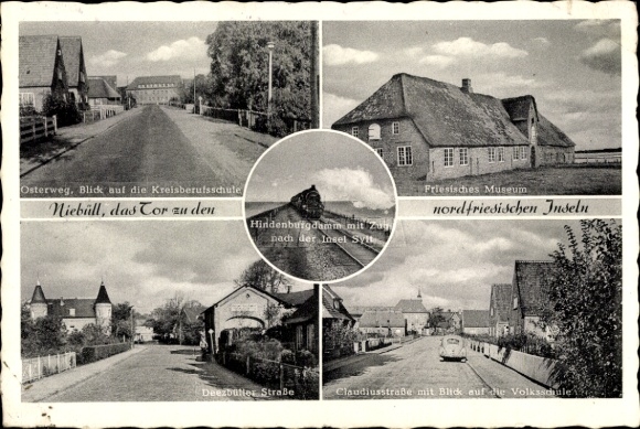Postcard Niebüll in North Friesland, gateway to the North Frisian Islands, Hindenburgdamm, Frisian Museum