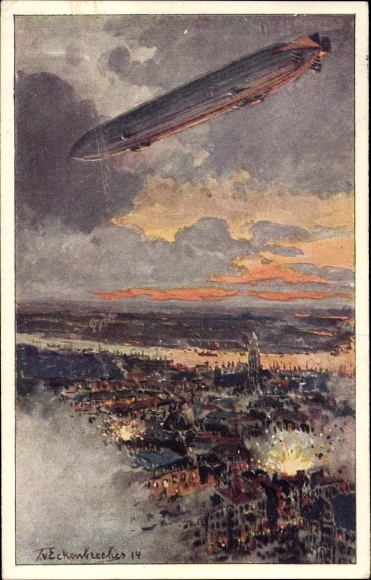 Kunstenaarskaart van Eckenbrecher, Themistocles, Zeppelin boven Antwerpen, slag, WOI
