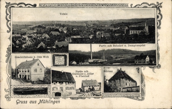 Ak Mühlingen in Baden, algemeen beeld, kasteel, treinstation, stoomsteenfabriek, Gasthaus zum Adler