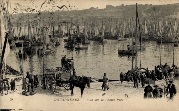 Postcard Douarnenez Finistère, harbor view, sailing boats, crowd,