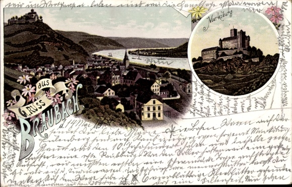 Postcard Braubach am Rhein, landscape with houses, Marksburg and Rhine, floral decorations