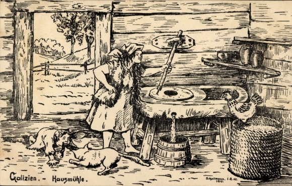 Ak Galizien Ukraine, Hausmühle, Zeichnung