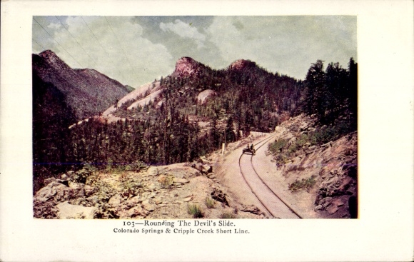 Ak Colorado USA, Rond de Devil's Slide, Colorado Springs & Cripple Creek Short Line, handkar