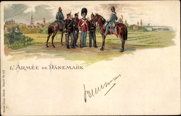 Chromo-Litho L&#39;Armée de Dänemark, Danische Soldaten, Waffengattungen