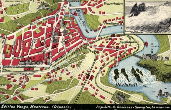 Plan miasta KP Schaffhausen am Rhein Szwajcaria, Wodospad Renu, Hotel National, Neuhausen