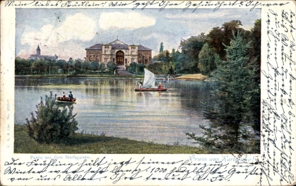 Postcard Semur en Auxois Côte-d'Or, Peaceful landscape with city garden, boat and sailboat, spring