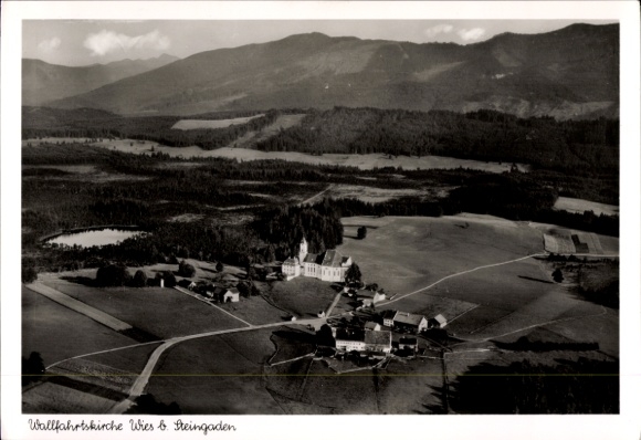 Postcard Wies Steingaden in Upper Bavaria, Wieskirche, pilgrimage church Wies, aerial photograph