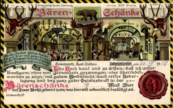 Litho Dresden, Geweihsammlung der Bärenschänke, Wirt Karl Höhne, Siegel