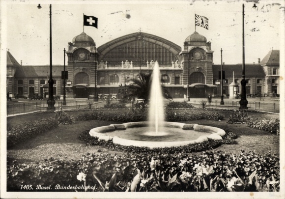 Ak Basel Bâle Stadt Schweiz, Bundesbahnhof, Brunnen