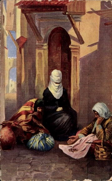 Postcard Fortune Teller, Veiled Woman, Cards