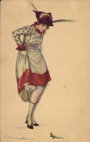 Artist Postcard Bompard, Sergio, Woman scared of lizard