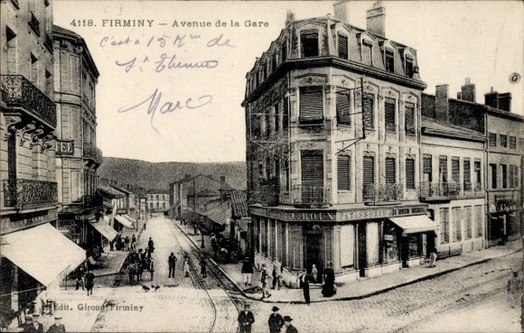 Ak Firminy Loire, Avenue de la Gare,  Gebäude, Geschäfte, Straßenbahn, 15 km von Thenu