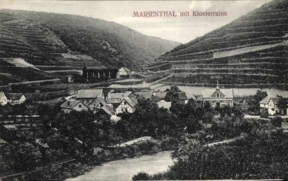 Postcard Marienthal Dernau Ahr, total view with monastery ruins