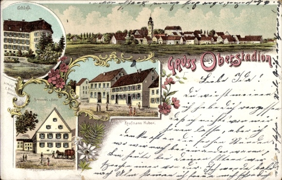 Litho Oberstadion in Oberschwaben, Gesamtansicht, Schloss, Brauerei zum Adler, Kaufmann Huber