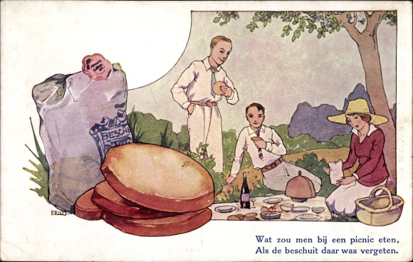 Künstler Ak De Fijnste Beschuit, Wat zou men bij een picnic eten