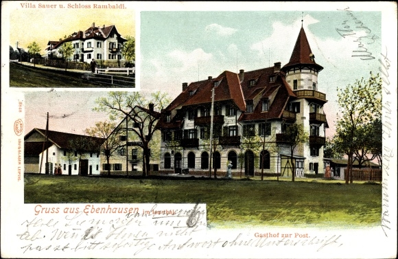 Ak Ebenhausen Schäftlarn Oberbayern, Villa Sauer en Schloss Rambaldi, Gasthof zur Post