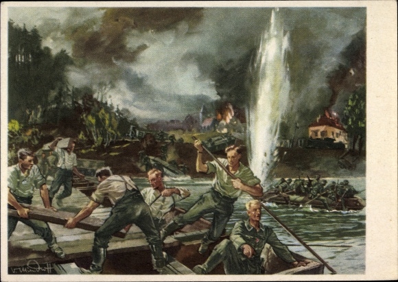 Kunstenaarskaart Mundorff, V., pioniers, bruggenbouw, opblaasbare boot, Wehrmacht, II WW
