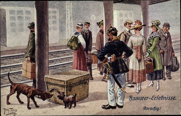 Artist PC Thiele, Arthur, hamster experiences, disreputable, dogs sniffing wicker chest, train station