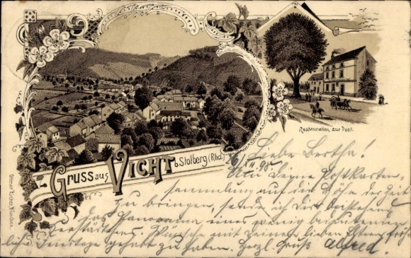 Chromo-Litho Vicht Stolberg in the Rhineland, general view, Restaurant zur Post