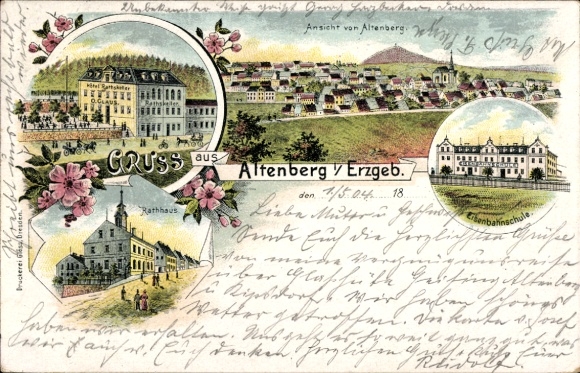 Litho Altenberg im Erzgebirge, Gesamtansicht, Eisenbahnschule, Rathaus