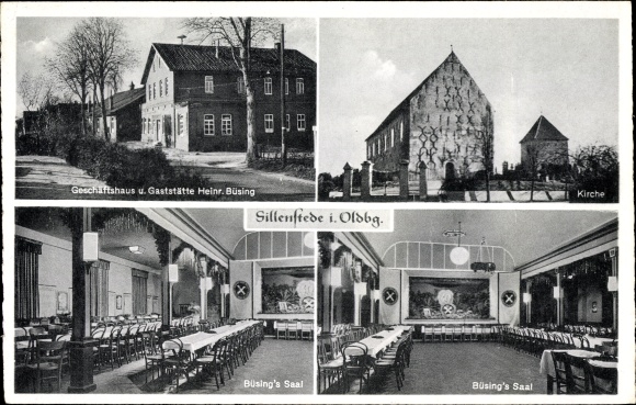 Postcard Sillenstede Schortens Lower Saxony, Gasthof H. Büsing, exterior and interior view, church