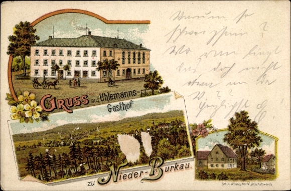 Chromo-Litho Nieder Burkau in Saxony, Uhlemanns Gasthof, Panorama