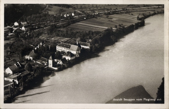 Ak Beuggen Rheinfelden in Baden, Luftaufnahme der Anstalt  Fluss und Landschaft
