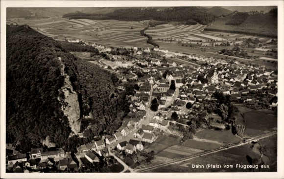 Postcard Dahn in the Palatinate, aerial photograph of Dahn, Palatinate, in black and white, rural surroundings, houses