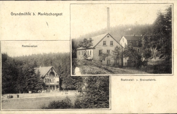 Ak Grundmühle Marktschorgast in het Fichtelgebirge, bladmetaal- en bronsfabriek, restauratie