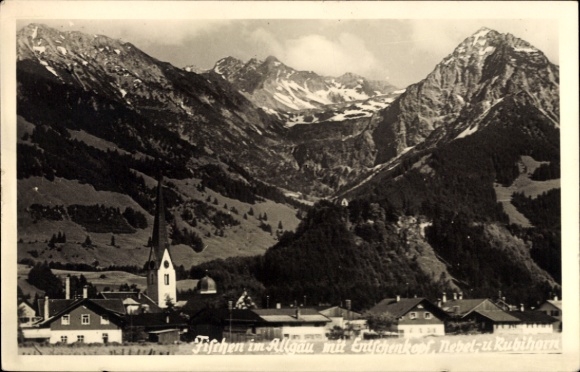 Ak Fischen im Allgäu Schwaben, Berglandschaft, Kirche, Ort Fischen, Schnee