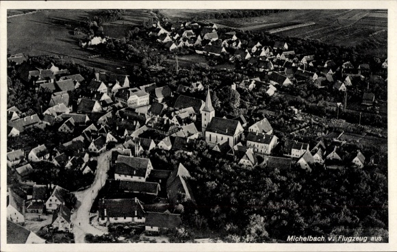 Postcard Michelbach Marburg an der Lahn, aerial view of many houses, church, scenic
