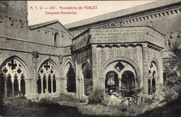 KP Poblet Tarragona Katalonia, Monasterio de Templete Romanico, czarno-białe zdjęcie