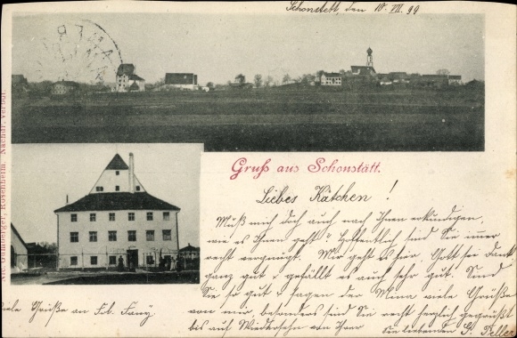 Postcard Schonstätt Oberbayern, overall view of the place, church, residential building