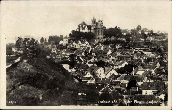 Postcard Breisach am Oberrhein, aerial view of Münster, houses, landscape
