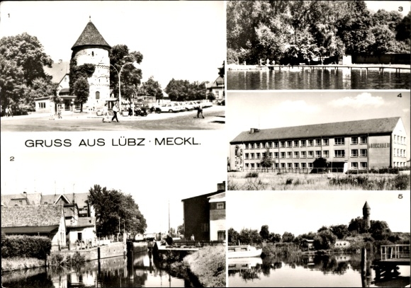 Postcard Lübz in Mecklenburg, Wilhelm-Pieck-Platz, lock, bath, secondary school III, An der Elde