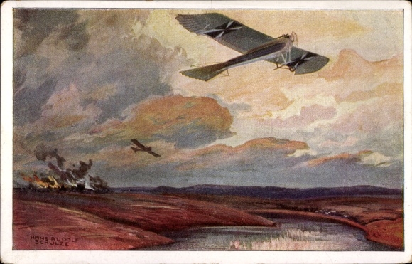 Artist Postcard Schulze, Hans Rudolf, Military pigeon on reconnaissance flight near the Masurian Lakes, World War I