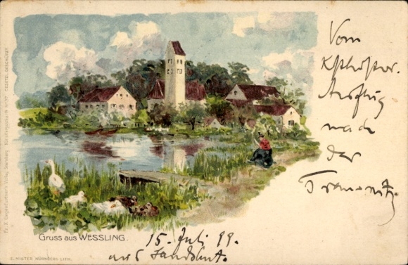 Artist Chromo-Litho Wessling in Upper Bavaria, local motif, church